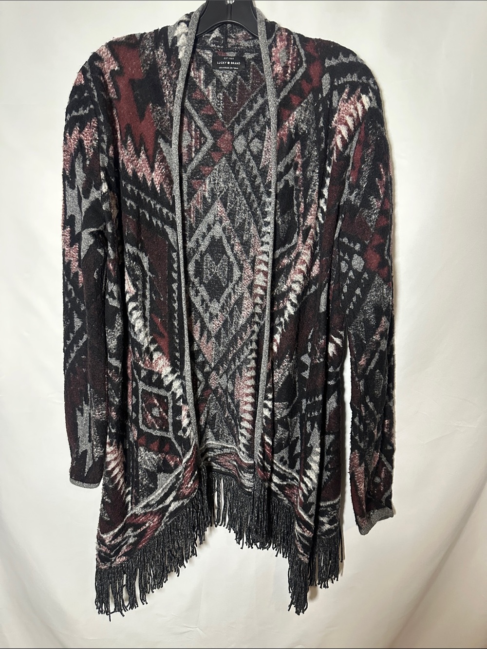 Lucky Brand Black, Burgundy & Gray Aztec Fringe Open Cardigan